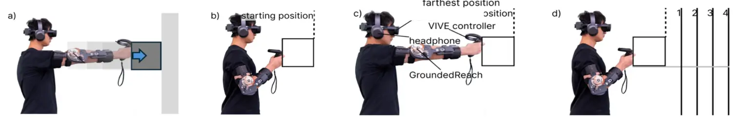 Participants pushed a virtual box until it met a wall placed at one of several distances within their arm's reach, with GroundedReach's ratchet engaging at the moment of virtual contact.